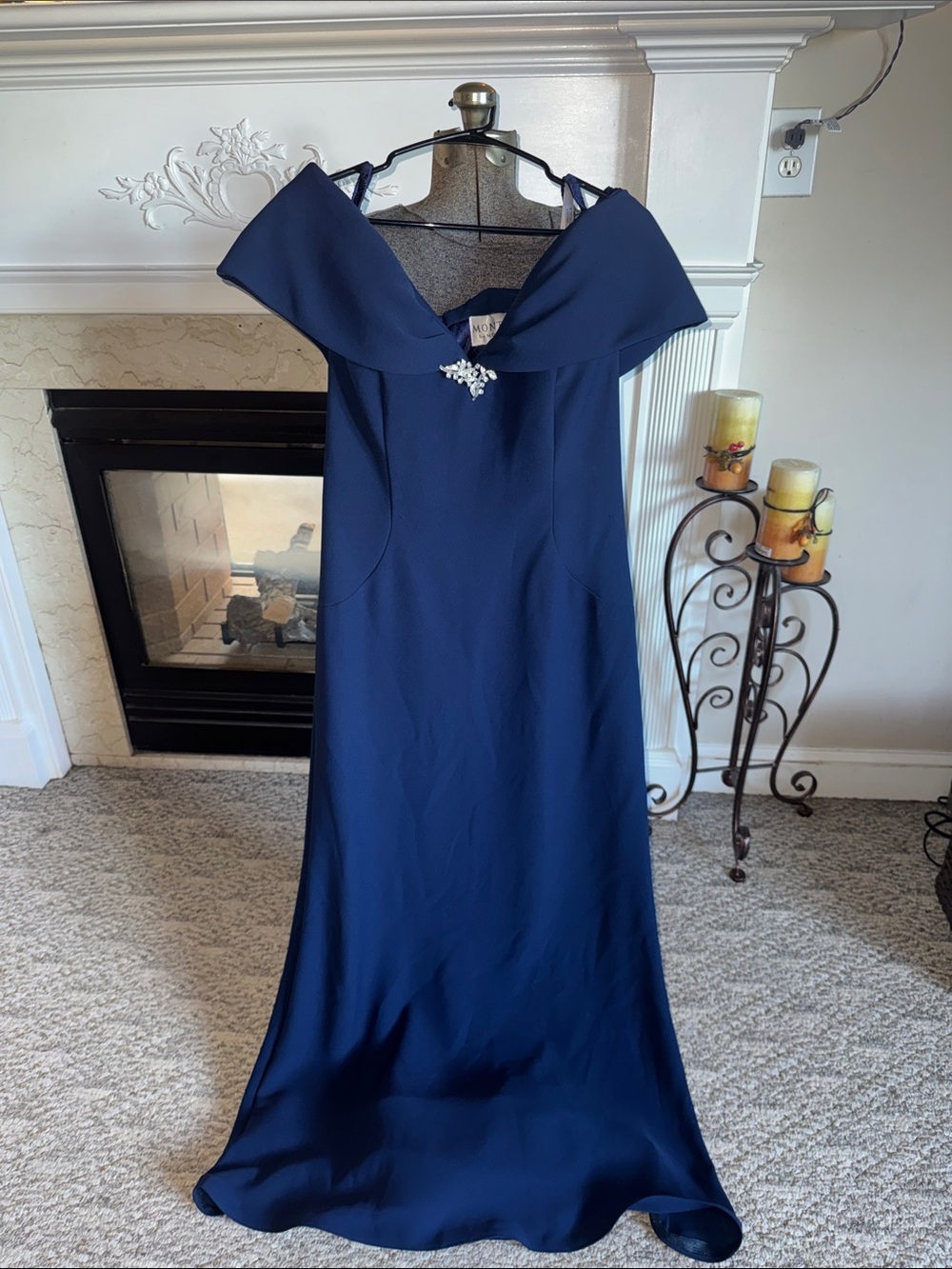 Montage by Mon Cheri Navy Off-Shoulder Evening Gown with Brooch